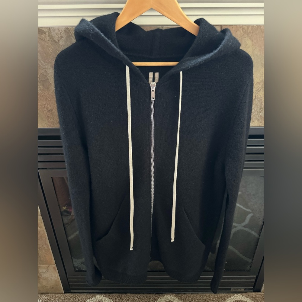 Rick Owens Black Elongated Zip Up Cashmere Hoodie Sweater size Small